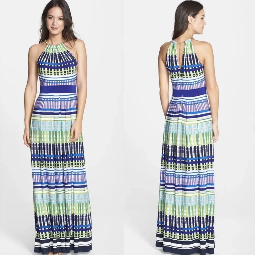 Eliza J Blue and Green Striped Maxi Dress